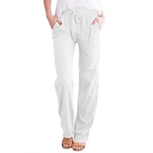 Femme Lin Pantalon Coton Lin Pantalon L&eacute;ger Casual Elegant Pantalon &Eacute;lastique Pantalon D&eacute;contract&eacute;e Fluide Couleur Unie Mode Pants avec Poches Grande Taille Pantalon de Jogging &agrave; Cordon (Blingko, neuf)