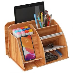NUODWELL Organiseur de bureau en bois avec station de docking pour t&eacute;l&eacute;phone, organisateur de bureau pour fournitures de bureau, porte-stylos, bo&icirc;te de rangement, accessoire de bureau (Cerise) (NUODWELL, neuf)
