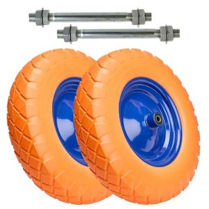Garronda Roue pleine PU 4.80/4.00-8 &Oslash;390x95mm, avec axe, doubles roulements, increvable, jante acier, Lot de 2, rechange brouette/chariot, GD-0165, Orange-Bleu (Hisert, neuf)