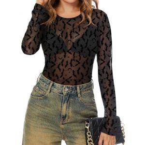IECCP Haut en maille pour femme Haut sexy en résille transparent Haut en résille noir Hauts transparents en maille Chemisier à manches longues Tops décontractés Chemisier transparent Blouse en tulle (EUIECCP, neuf)