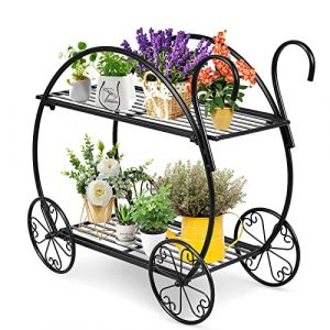 RELAX4LIFE Porte-plantes Interieur &agrave; 2 Niveaux, &Eacute;tag&egrave;re Plante en Fer Forg&eacute; 60x35x66cm, Support Plantes en Forme de Chariot avec Roulettes D&eacute;coratives, Style R&eacute;tro pourMaison Serre Patio, Noir (RELAX4LIFE, neuf)