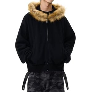 RSGMU Y2k Sweat &agrave; capuche zipp&eacute; pour homme avec capuche et col en fourrure, noir, Large (Verdant Home Crafts, neuf)