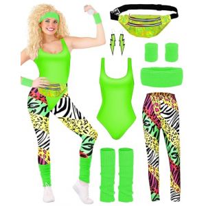 BIQIQI Déguisement Année 80 Femme des Costume de Sportif Justaucorps Legging bandeau bracelets jambières boucles d'oreilles Fanny Pack tenue justaucorps des années 80 pour les années 80 et 90 (mingqiwangluokeji, neuf)