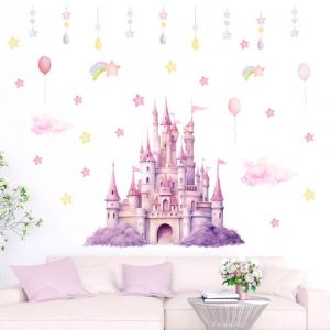 SAVITA 2 Feuilles de Stickers Muraux Princesse, Rose Violet pour Chambre de Fille à Décoller et à Coller Décoration Murale Château Étoiles et Nuages Papier Peint Amovible pour Chambre d'Enfant (chuangshou shike, neuf)