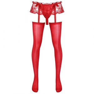ranrann Collant Homme Sexy Transparent Ouvert Sissy Lingerie Erotique Hot Collant Porte-jarretelle Dentelle String Jockstrap Gay Type B Rouge Taille Unique (ranraneu, neuf)