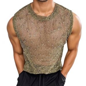 D&eacute;bardeur &agrave; paillettes pour homme - Brillant - T-shirt en maille - Paillettes - Transparent - D&eacute;bardeur sans manches - Body Shape Hollow Out - Haut en maille pour f&ecirc;te, O Vert., L (Bieuzhlo, neuf)