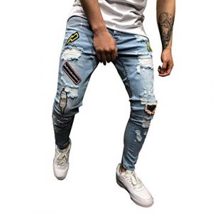 Nouveau Fashion Jean Homme 2022 - Pantalon Trou&eacute; Skinny Slim Droit D&eacute;chir&eacute; Moulant Bootcut - Bleu Clair Pas Cher (chengaokui993, neuf)