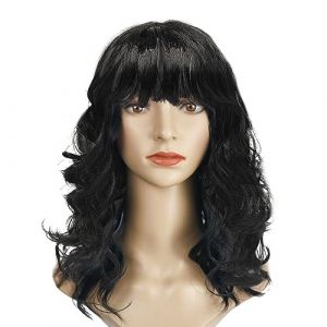 VIKSAUN Perruque longue ondulée avec frange longue vague naturelle perruque synthétique résistante à la chaleur Bent Tail Longue Bouclé Perruques pour Carnaval Halloween années 80 années 70 (Noir) (NanxuanEu, neuf)