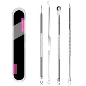 CATOR 4 Pcs Pimple Popper Kit Détachant Extracteur Outil En Acier Inoxydable Acné Pimple Comédon Extracteur tire comedon point noir pour Soin Du Nez Soins De La Peau avec Étui de transport En Plastiqu (QUQU JIANING, neuf)