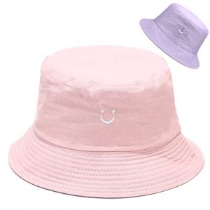 Malaxlx Brod&eacute; avec Visage Souriant Rose Violet Bob Femme Chapeau de P&ecirc;cheur Chapeau de Soleil Chapeaux de Seau Chapeaux de Visi&egrave;re Chapeau de Plage Pliable R&eacute;versible (malaxlx uk, neuf)