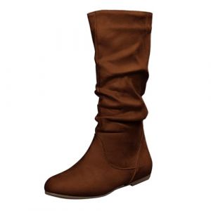 Bottes mi-mollet pour femmes grande taille, bottes larges &agrave; mollet plat pour femmes en daim, bottes d'hiver confortables et chaudes pour femmes avec fermeture &eacute;clair lat&eacute;rale, couleur unie, bottes de (Lusheng Maoyi, neuf)