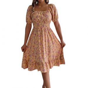 Robe Longue Boheme Fleurie L&eacute;g&egrave;re Robe Longue Femme Ete Mi Longue Fluide Manches Courtes Robe De Plage Femme Grande Taille col Carr&eacute; Robe Femme Chic Et Elegant Plissee Pas Cher Robe Jaune XL (⭐⭐⭐⭐⭐DUIGUN（Livraison 5-14 jours）, neuf)