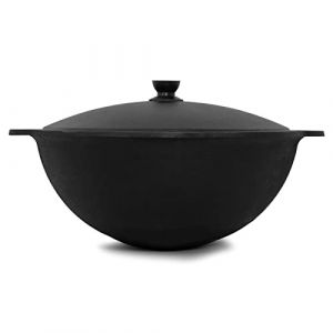 Namangan Kazan Pot pivotant en fonte 22 l (fond rond) Kazan Ouzbek Cast Iron Chaudron Uzbek Camping Uzbek Asia Wok avec couvercle en aluminium (Afgkazanai, neuf)