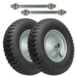 Garronda Roue de brouette 4.80/4.00-8 8PR renforcée Ø405x95mm, avec axe, doubles roulements, jante acier, valve auto, moyeu 99mm alésage 12mm, Lot de 2, GD-0163, Noir-Argent (Hisert, neuf)