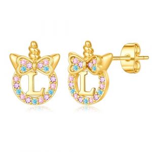 TINGN Boucles d'oreilles licorne pour filles Cadeaux - Hypoallerg&eacute;nique Argent 925 Boucles d'oreilles zircones arc-en-ciel color&eacute;es avec lettres en or Boucles d'oreilles pour enfants Bijoux licorne (TINGN JEWELRY, neuf)