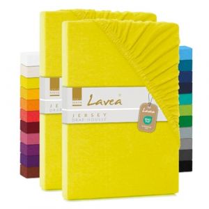 Lavea® Lot de 2 Draps-Housses Maya – Jersey 100% Coton – pour Lits Standard, Boxspring, à Eau ou avec Surmatelas – avec élastique – Oeko-TEX® – Respirants (Jaune Soleil, 180x190-200x200cm) (B&D Textiles, neuf)