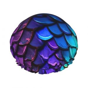 Bonnet de douche coloré imprimé écailles de sirène pour femmes et hommes, bonnet de bain réutilisable en tissu double couche pour filles (xiehuaLJFDY, neuf)