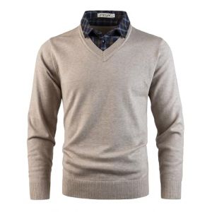 KTWOLEN Pull Homme avec Faux col de Chemise Automne Hiver Pull col Chemise &agrave; Manches Longues Pull en Tricot avec col en V, Beige, XL (KTWOLEN, neuf)