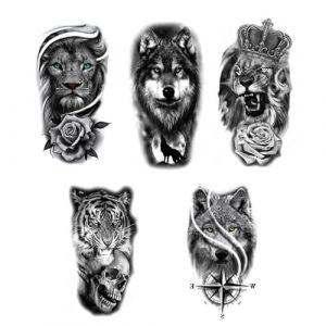 5PCS Wolf Lion Waterproof Temporary Tattoo Sticker Tiger Rose Flower Dragon Snake Skull Animal Body Art Arm Fake Tatoo Men Women(5Pcs B) (SHUANGFEIBM, neuf)