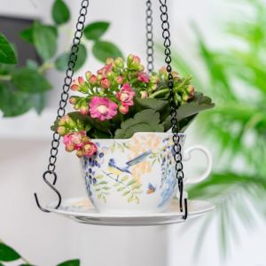 AMIEENOR Pot de Fleurs Suspendu en C&eacute;ramique, Jardini&egrave;re Suspendue Forme de Tasse avec Cha&icirc;ne, 16cm Panier Suspendu D&eacute;coration pour Plantes Int&eacute;rieures et Ext&eacute;rieures, Motif Fleurs et Oiseaux (TEATALK, neuf)