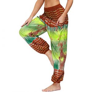 Nuofengkudu Femme Hippie Sarouel Harem Thai Pantalon Poches Boho Fleuri Print Taille Haute Baggy Casual Plage Leger Yoga Pants(Y-Vert Orange,Taille Unique) (better Life, neuf)