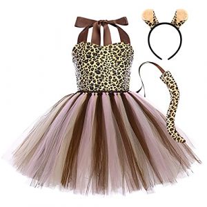 IWEMEK Enfant Déguisement Animal Bébé Fille Costume Halloween Vache/Tigre/Zèbre/Léopard/Girafe Cosplay Robe Tutu sans Manches + Boucles d'oreilles Bandeau + Queue Tenue de fête Soirée Léopard 5-6 ans (IWEMEK, neuf)