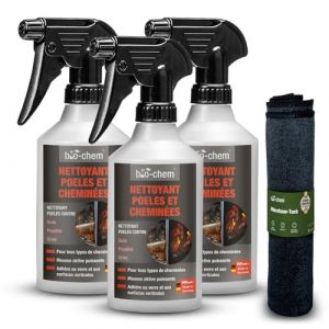 Bio-Chem - Nettoyant insert chemin&eacute;e vitre 3x 500ml + chiffon en microfibres - Produits et accessoires de nettoyage insert, cheminee, poele a granule, bois - Nettoyant vitre chemin&eacute;e (bio-chem, neuf)