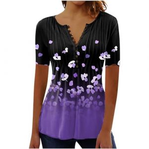 Chemisier Femme Chic et Élégant Manches Courtes Tshirt Chemisiers Et Blouses Grande Taille Imprimé Plissé Henley Tunique Tops Col V Blouse de Soie Boheme Haut Tunique Été Tee Shirt Femmes Solde (⭐⭐⭐⭐⭐AEGJEGVD(5-15 jours Arrivé), neuf)