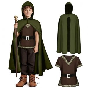 Tacobear Costume M&eacute;di&eacute;val Garcon Deguisement Viking Enfant Cape a Capuche Tunique Ceinture Robe M&eacute;di&eacute;vale Pirate Chevalier Renaissance Cosplay Anniversaire Costume Carnaval Enfant (110, 3-5 ans) (vamei, neuf)
