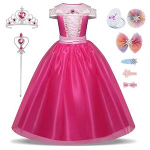 New front Fille D&eacute;guisement Princesse Aurore La Belle au Bois Dormant Robe de Princesse Cadeau No&euml;l Halloween Carnaval Cosplay pour Enfant Baguette Magique Couronne Gants Collier,Rose A,110 (New Front, neuf)