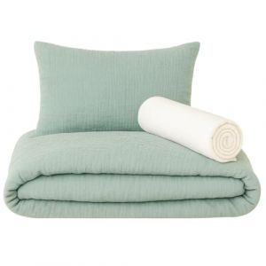 Drap Housse 80x160 cm + Housse de Couette (100% Mousseline Coton) 120x170cm + Taie Oreiller (100% Mousseline Coton) 40x60cm - Parure 3Pcs 80x160 cm - Douce et a&eacute;r&eacute;e (Eucalyptus, 80 x 160 cm) (VRC Products France, neuf)