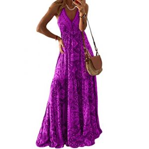 seiveini Robe D'été Femme Longue Maxi Robe de Plage sans Manches Chic Elegant Robe à Fines Bretelles Imprimé Fleurs Col en V Robe Fluide Décontractée Vintage A Violet XL (BgandDesign, neuf)