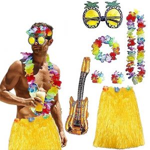 Jupe Hawaienne Femme Homme, Collier de Fleurs Hawaienne Robe Costume Hawaienne Guirlande Deco Lunettes de Soleil Ananas Hawaii Plage Carnaval (1 pièce - Doré - Homme) (HarnyLoom, neuf)