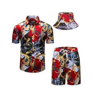 fohemr hommes baroque ensemble de deux pièces or chaîne motif chemise rouge short avec chapeau de pêcheur Casual set vacances d'été plage set 5X-Large (fohemr, neuf)