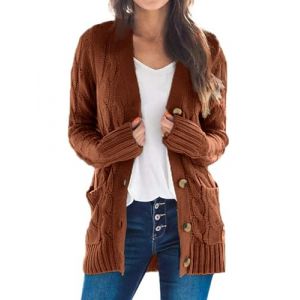 Uusollecy Gilet Long Femme Hiver Chaud De Boutonnage Décontracté Grosse Maille avec Poche Gaufré Cardigan, Brun, S (hopin, neuf)