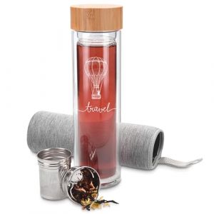 Navaris Bouteille de Thé en Verre - Gourde avec Infuseur en Inox pour Sachet et Fruits - Bouteille Double Paroi Verre - Transport de Boissons - 450mL (KW-Commerce, neuf)