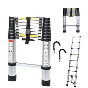Randaco 2.6M Échelle Télescopique avec 2 Crochets Amovibles, Escabeau Telescopique Aluminium, Extensible Echelle Extensible Antidérapante Echelle Polyvalente Charge Max 150 kg (Panda-Janos, neuf)