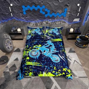 Homemissing Moto Cross Gamins Parure de Lit 220x240cm Extreme des Sports Literie Sets de Housse de Couette Set Courses Motocross Cavalier Housse de Couette Set Urban Chambre Parure Housse de Couette (Bofanshangmao, neuf)