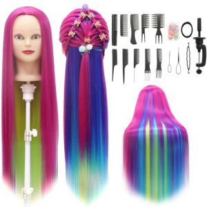 Tete a Coiffer, 28 inch 100% de Cheveux Synthétiques Têtes d'exercice Tête À Coiffer Coiffure Cosmétologie tete a coiffer professionnelle Poupée avec Support + Ensemble de Tresse (Irisé) (Guangzhouxinfeifazhipinmaoyiyouxiangongsi, neuf)