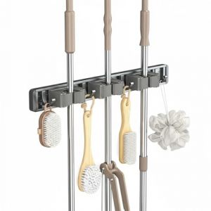 Ziyonix Accroche Balai Mural, Porte Balais Mural avec 3 Supports et 4 Crochets, R&eacute;glable M&eacute;tal Support Balais Mural sans Percage, Attache Balai Mural avec Vis, Porte Outils de Jardin Mural (zhiyuanhao, neuf)