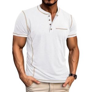 LAOARA Tee Shirt Homme T Shirt T-Shirts &agrave; Manches Courtes Homme Henley Col Tunisien Boutons L&eacute;g&eacute;re Tshirt Blanc M (Laoara Store, neuf)