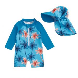 Loalirando Maillot de Bain Enfant B&eacute;b&eacute; Gar&ccedil;on de 2 Pi&egrave;ces Anti-UV, Combinaison Zipp&eacute; &agrave; Manches Longues Imprim&eacute; + Chapeau &agrave; Large Bord (Bleu, 2-3 Years) (Biu-clothing, neuf)