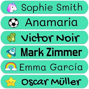 50 Étiquettes prénom personnalisées pour enfants. Autocollants pour marquer école, crèche, livres, jouets, tupperware. Étiquettes imperméables 6x1 cm (Haberdashery Online, neuf)