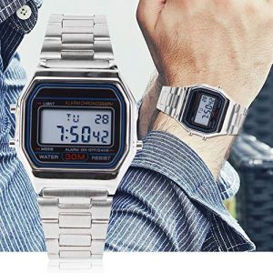 GOTOTOP Montre-Bracelet Numérique avec Bracelet en Acier Inoxydable, Montre-Bracelet Rétroéclairée Rectangulaire, Affichage 12/24 Heures, Date, Semaine, Alarme, Chronographe(Argent) (Scceties, neuf)
