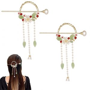 Lot de 2 épingles à cheveux de style chinois Hanfu avec perles, peigne à cheveux chinois, fleur chinoise, accessoire pour cheveux chinois traditionnel (Cha Xia Shang Mao, neuf)