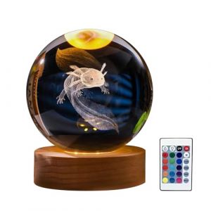 Axolotl Veilleuse boule de cristal 3D Axolotl en verre avec base en bois 8 cm Lampe boule de cristal Axolotl 16 couleurs avec t&eacute;l&eacute;commande pour chambre &agrave; coucher, salon, table de table (8 cm) (Sandwichl, neuf)