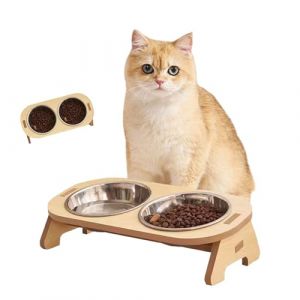 Druuzyl Gamelle surélevée pour Chat/Chien Double Bol en INOX avec Support en Bambou, Antidérapante pour Nourriture et Eau, Mangeoire et Abreuvoir Design pour Animaux (Lapin/Chien/Chat) (Tuyethjkd, neuf)