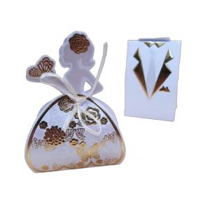 Bo&icirc;te &agrave; drag&eacute;e motif costume couple mariage X50 (or) (Dounia Mariage, neuf)