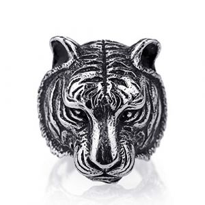 Bague Tête de Tigre pour Homme, Bague de crâne de tigre de motard tribal gothique ancien, Bagues totem tigre rétro, Bague Amulette Chevalière Tigre, Bijoux Tigre Animal Viking pour Hommes (62) (PikaLF, neuf)