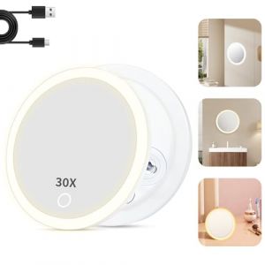 Alaoo Miroir grossissant 30X avec Des Lumi&egrave;res, Rond Mural avec 3 Ventouses, Petit Miroir grossissant avec Ventouse, Miroirs Cosm&eacute;tique de Poche Portable, Mirrors de Voyage pour &eacute;piler Les Sourcils (Alaoo, neuf)